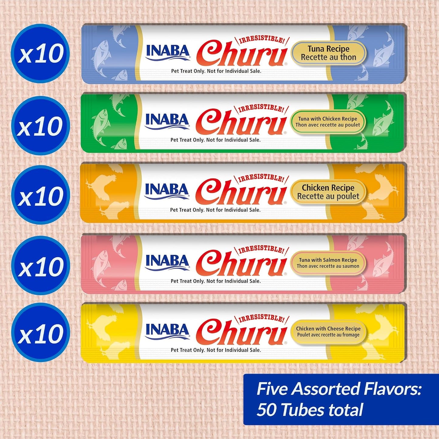 HOTINABA Churu Cat Treats, Lickable, Squeezable Creamy Purée Cat Treat with Green Tea Extract & Taurine, 0.5 Ounces Each Tube, 50 Tubes, Tuna & Chicken Variety