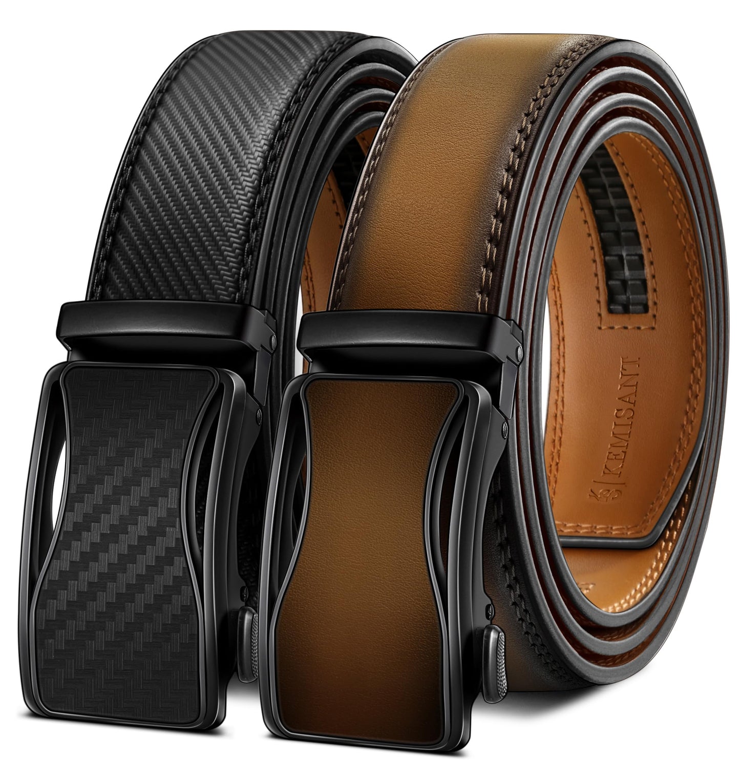 HOTKEMISANT Men's Ratchet Leather Belt 2Pack-Trimmable 1 3/8“-Gift Boxed | Smooth Sliding | Micro Adjustable Fit | Tailored Size | Holeless Understated Elegance