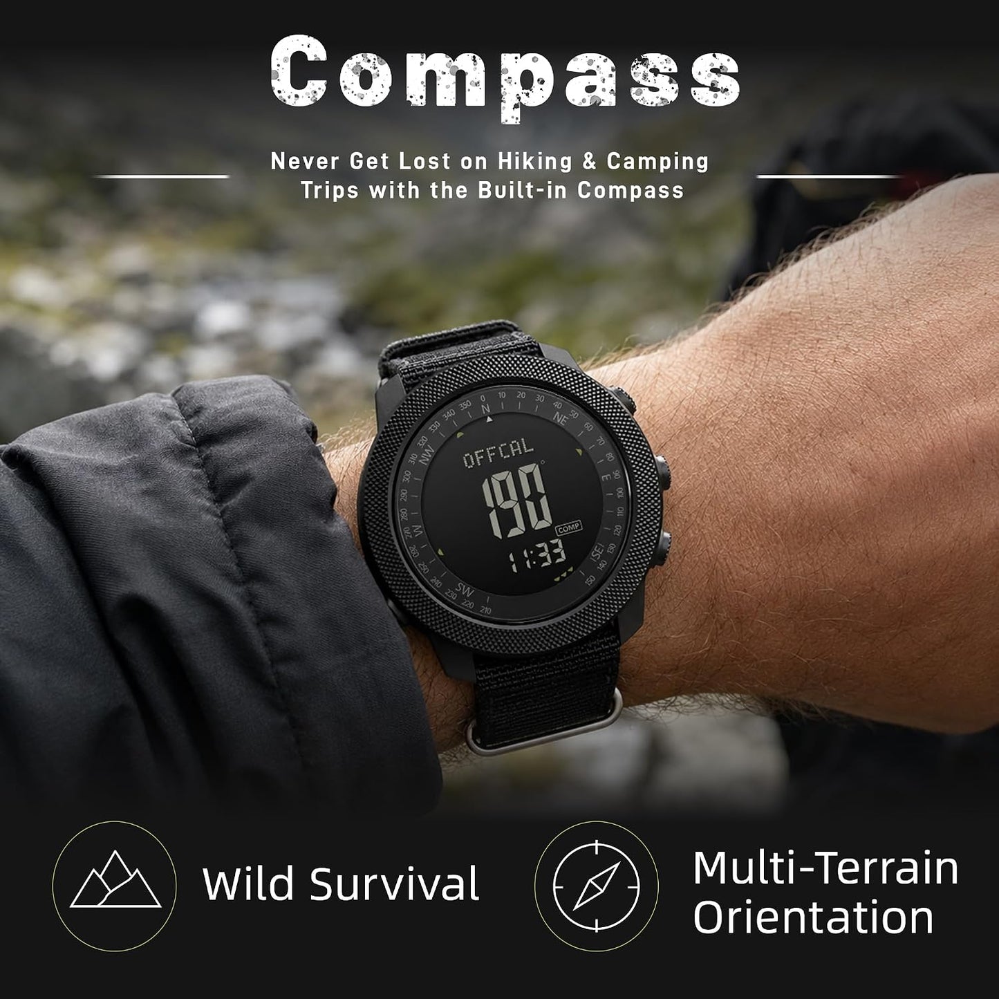 HOTCakCity Digital Watch Military Tactical Watches for Men, 50mm Large Face Zinc Alloy Case with Breathable Double-Layer Nylon Strap, 5ATM Waterproof Shockproof, Altimeter, Barometer, Thermometer, Dual Time, Compass, Alarm, Stopwatch, Countdown