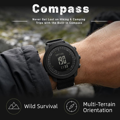 HOTCakCity Digital Watch Military Tactical Watches for Men, 50mm Large Face Zinc Alloy Case with Breathable Double-Layer Nylon Strap, 5ATM Waterproof Shockproof, Altimeter, Barometer, Thermometer, Dual Time, Compass, Alarm, Stopwatch, Countdown