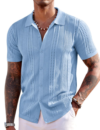 HOTCOOFANDY Men's Knit Shirts Short Sleeve Button Down Polo Shirt Fashion Casual Summer Beach Shirts