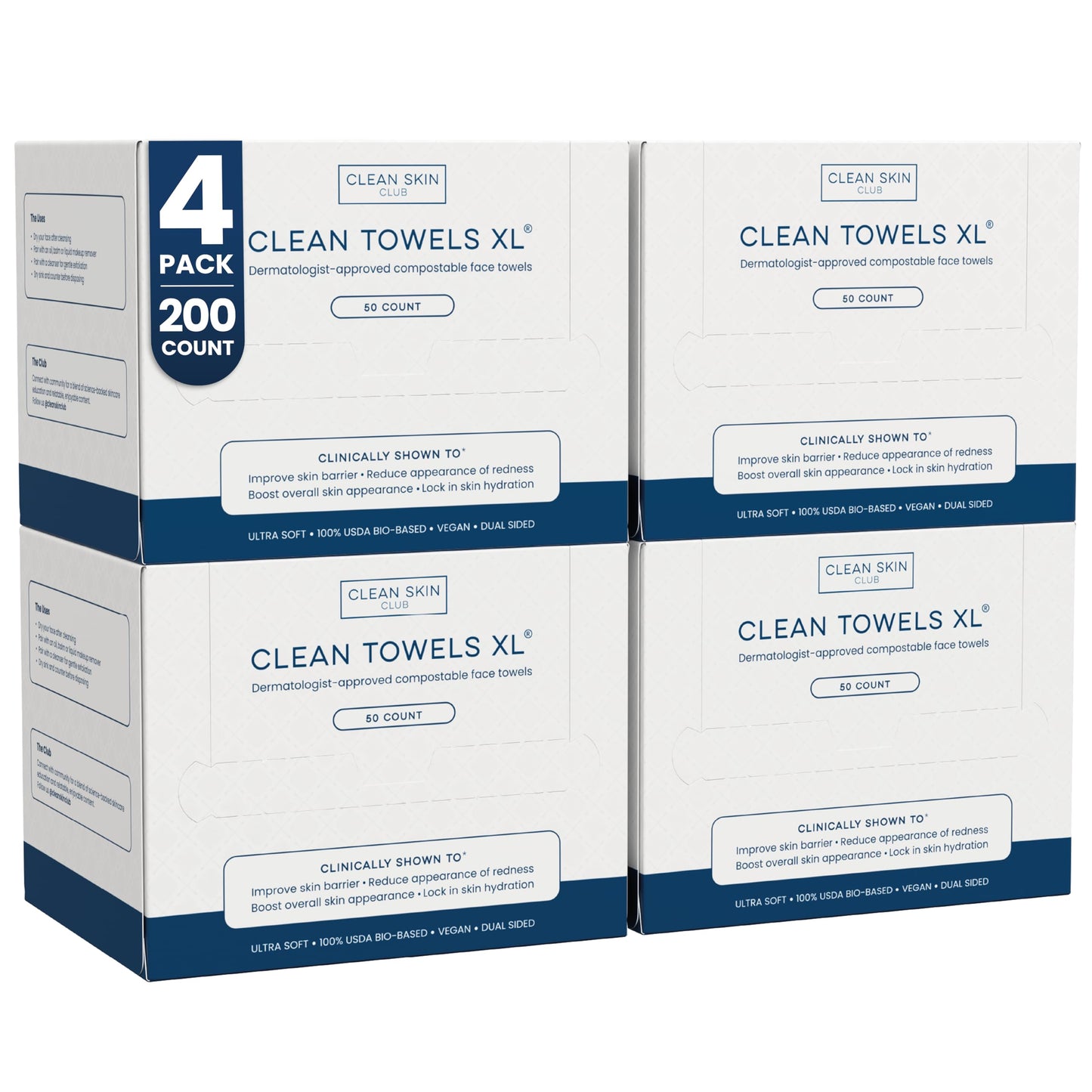 HOTClean Skin Club Clean Towels XL®, 100% USDA Biobased Face Towel, Disposable Face Towelette, Eczema Association Accepted, Makeup Remover Dry Wipes, Ultra Soft, 1 Pack, 50 Ct