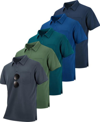 HOTZITY 5 Pack Polo Shirts for Men with Pocket Dry Quickly Short Sleeve Athletic Outdoor Work Collared Shirts