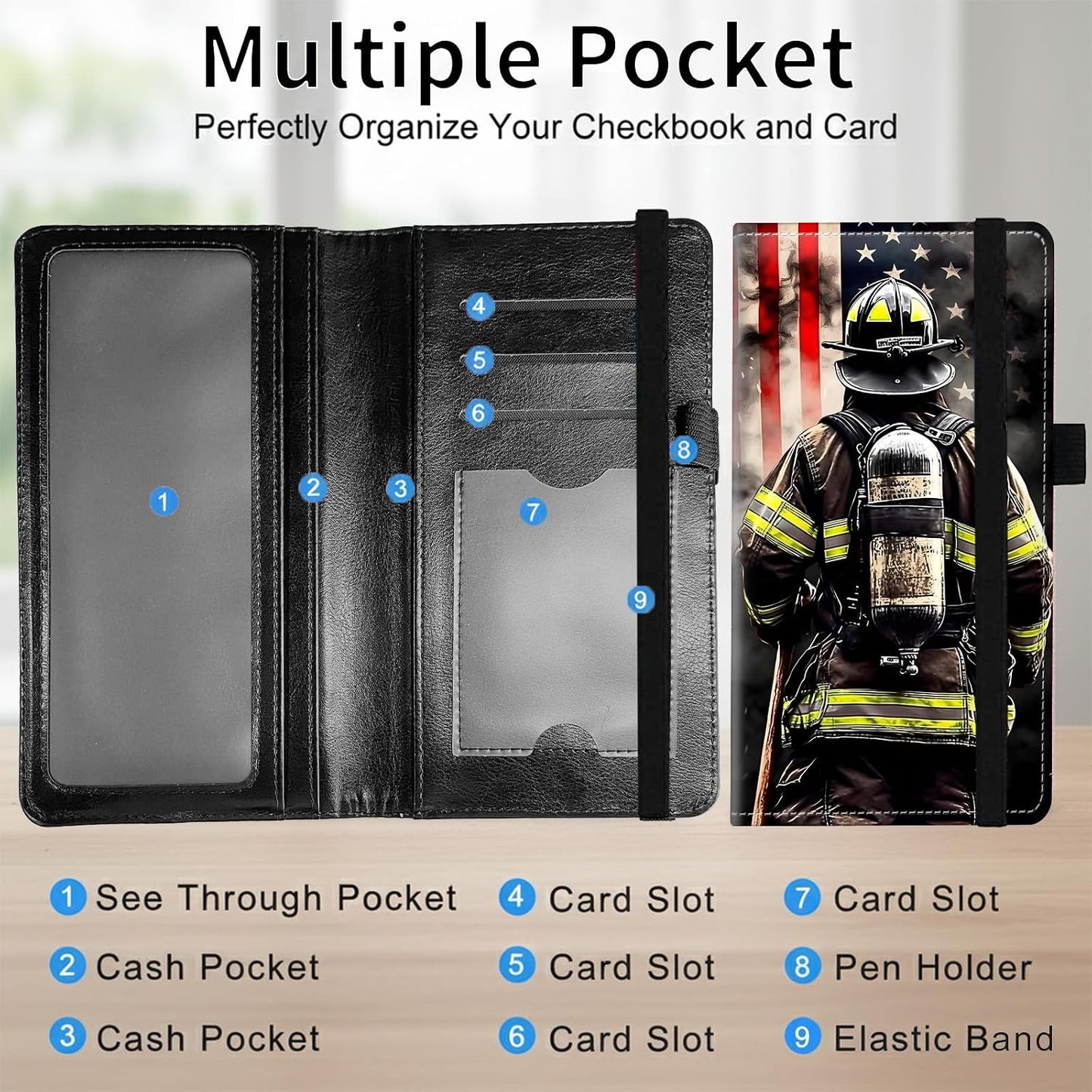 HOTPU Leather Checkbook Cover for Personal & Duplicate Checks, Slim RFID Blocking Checkbook Wallet with Card Slots, Elastic Strap Checkbook Holder Stylish Wallet for Men & Women, Flag Firefighter
