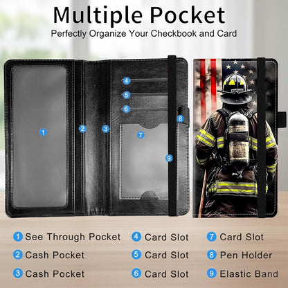 HOTPU Leather Checkbook Cover for Personal & Duplicate Checks, Slim RFID Blocking Checkbook Wallet with Card Slots, Elastic Strap Checkbook Holder Stylish Wallet for Men & Women, Flag Firefighter