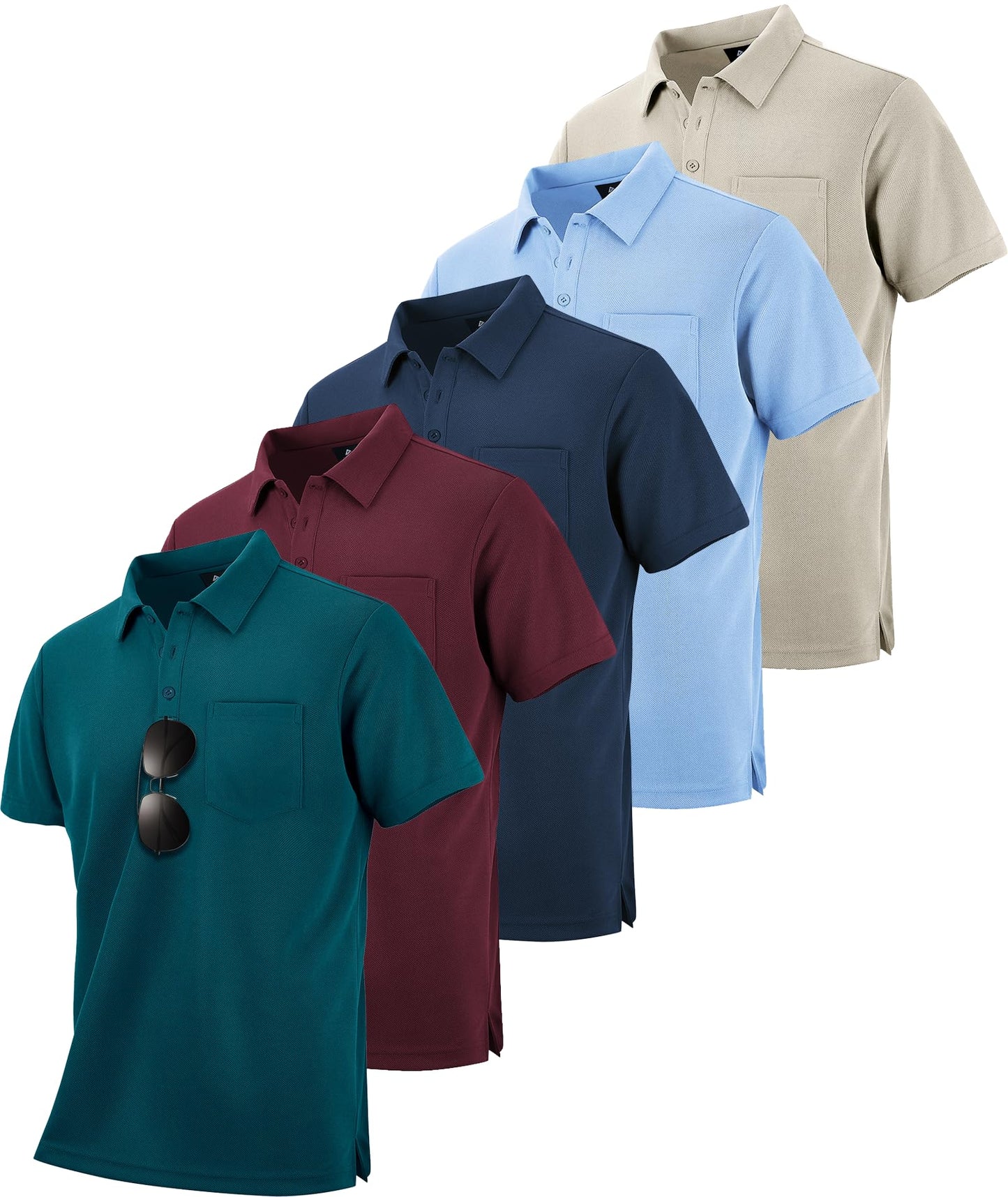 HOTSCODI 5 Pack Mens Pocket Polo Shirts Short Sleeve Multipack Golf Shirt for Men Moisture Wicking Casual Athletic Work T-Shirts