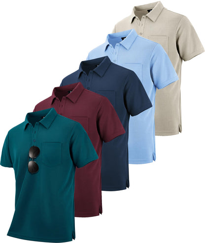HOTSCODI 5 Pack Mens Pocket Polo Shirts Short Sleeve Multipack Golf Shirt for Men Moisture Wicking Casual Athletic Work T-Shirts