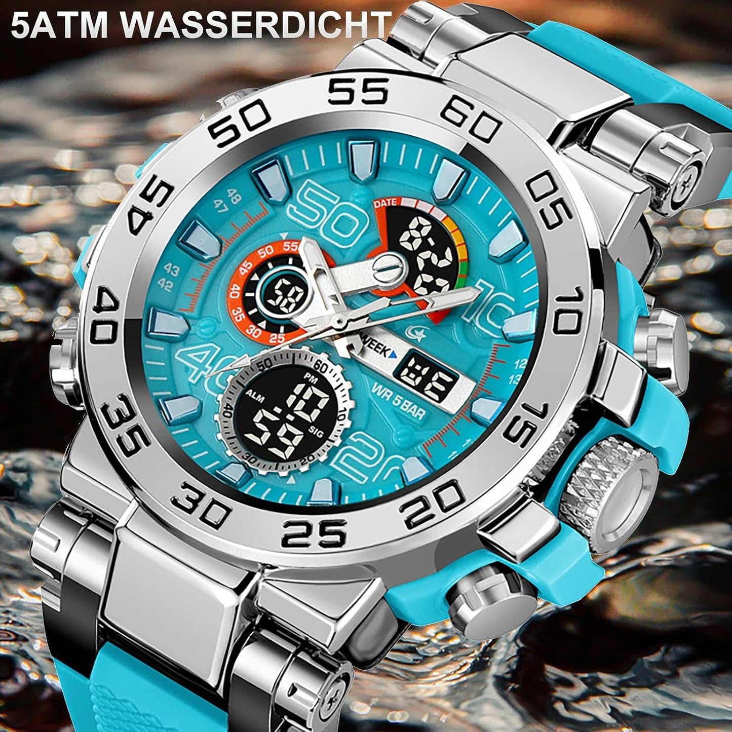 HOTfindtime Mens Watches Sports Outdoor Watch for Men Designer Large Face Military Men's Wristwatches with Date Week Alarm LED Waterproof Stopwatch
