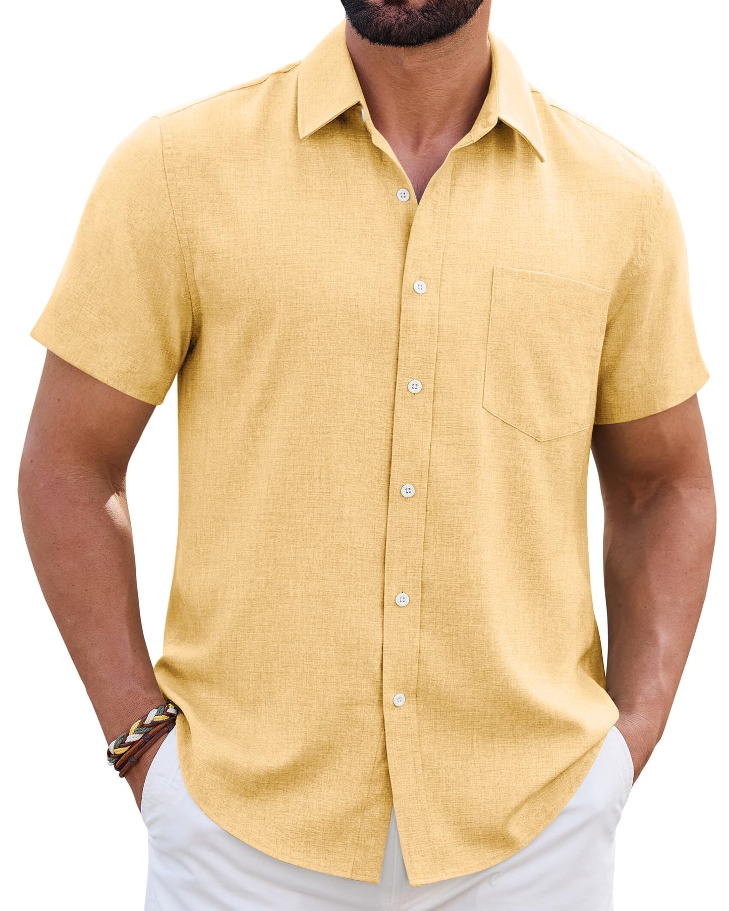HOTMens Linen Shirt Short Sleeve Wrinkle Free Casual Untucked Button Down Shirts Beach Breathable Tops Summer