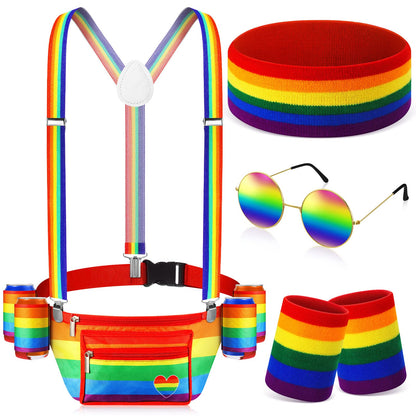 HOTSweetude 4th of July Fanny Pack America Flag Patriotic Outfit Set 250 Years Beverage Beer Belt Costume Set Accessories with USA Drink Holder Sunglasses Striped Sweatband