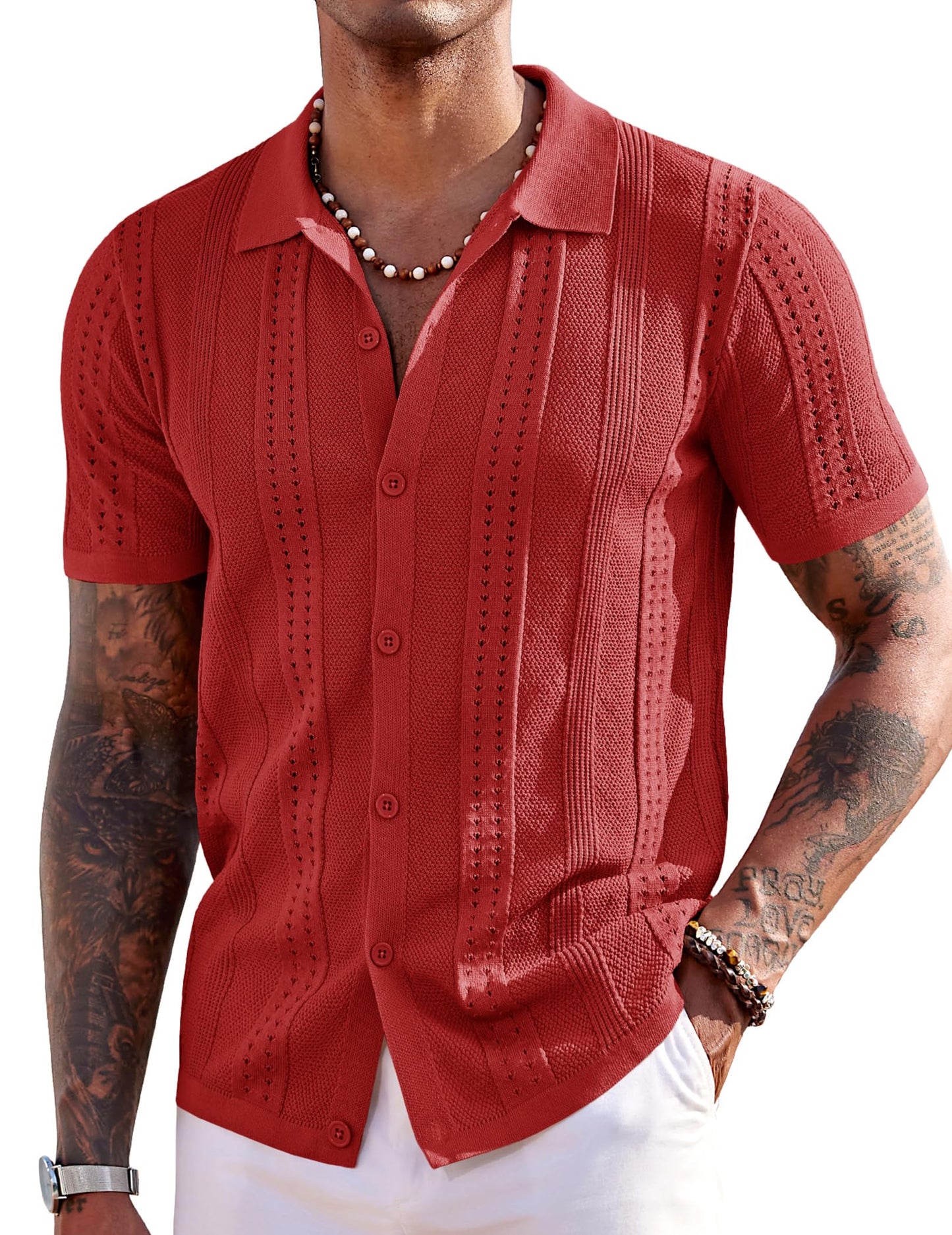 HOTCOOFANDY Men's Knit Shirts Short Sleeve Button Down Polo Shirt Fashion Casual Summer Beach Shirts