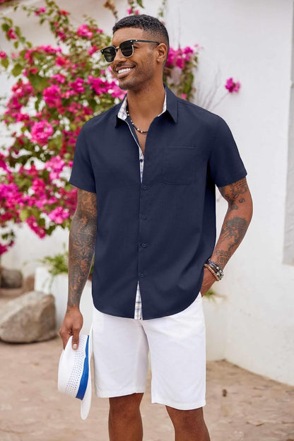HOTCOOFANDY Men's Button Down Shirts Short Sleeve Casual Summer Beach Vacation Wedding Shirt with Pocket