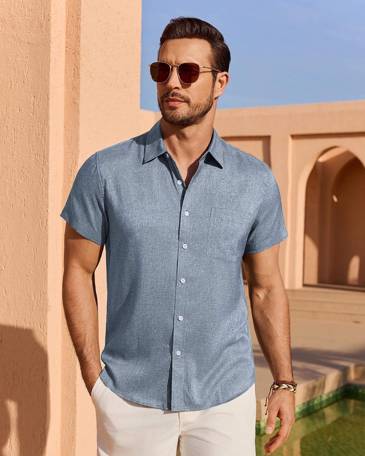 HOTMens Linen Shirt Short Sleeve Wrinkle Free Casual Untucked Button Down Shirts Beach Breathable Tops Summer