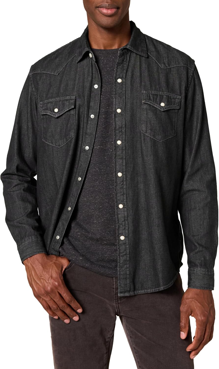 HOTAmazon Essentials Men's Slim-Fit Long-Sleeve Denim Western Style Cotton Shirt with Snap Buttons, Lightweight
