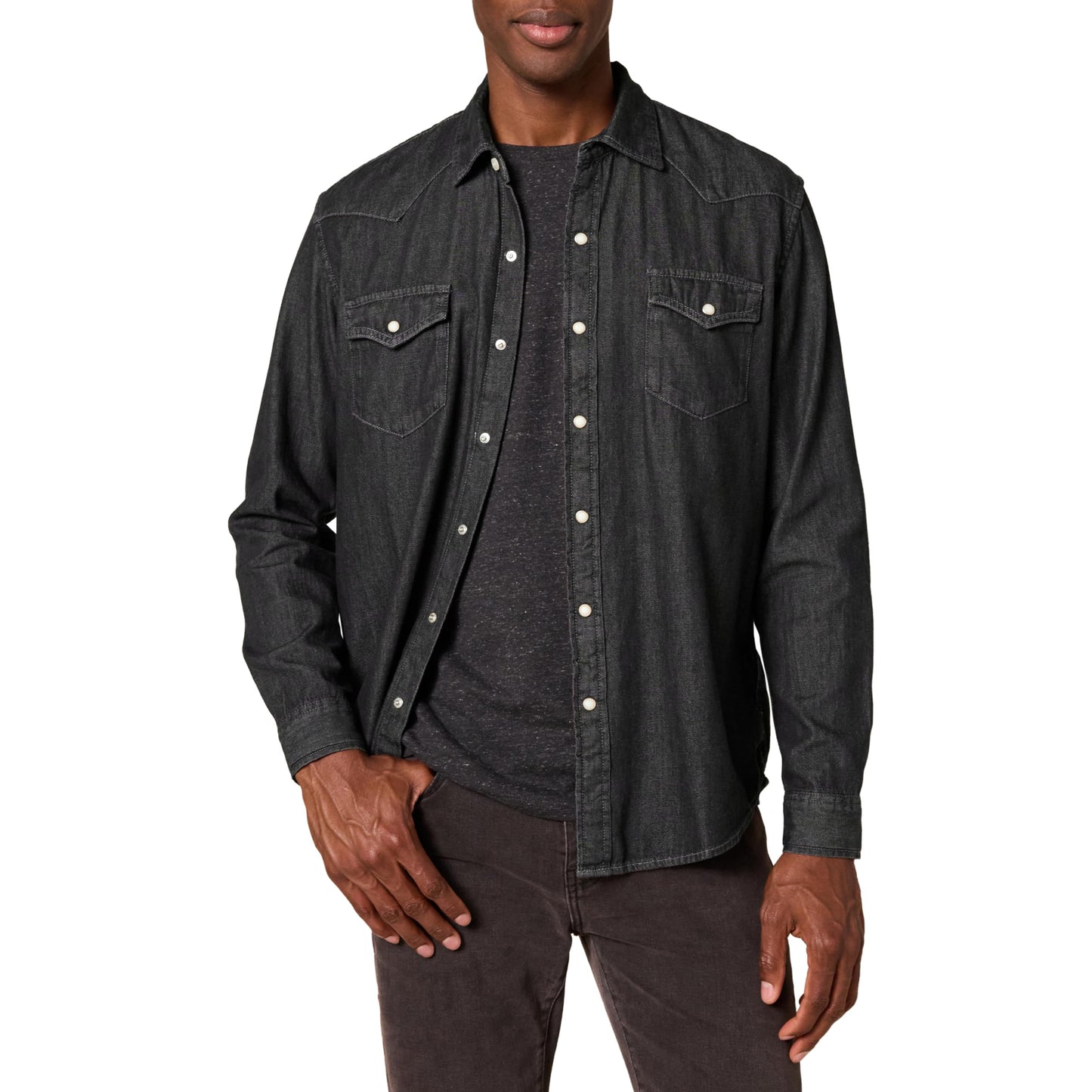 HOTAmazon Essentials Men's Slim-Fit Long-Sleeve Denim Western Style Cotton Shirt with Snap Buttons, Lightweight