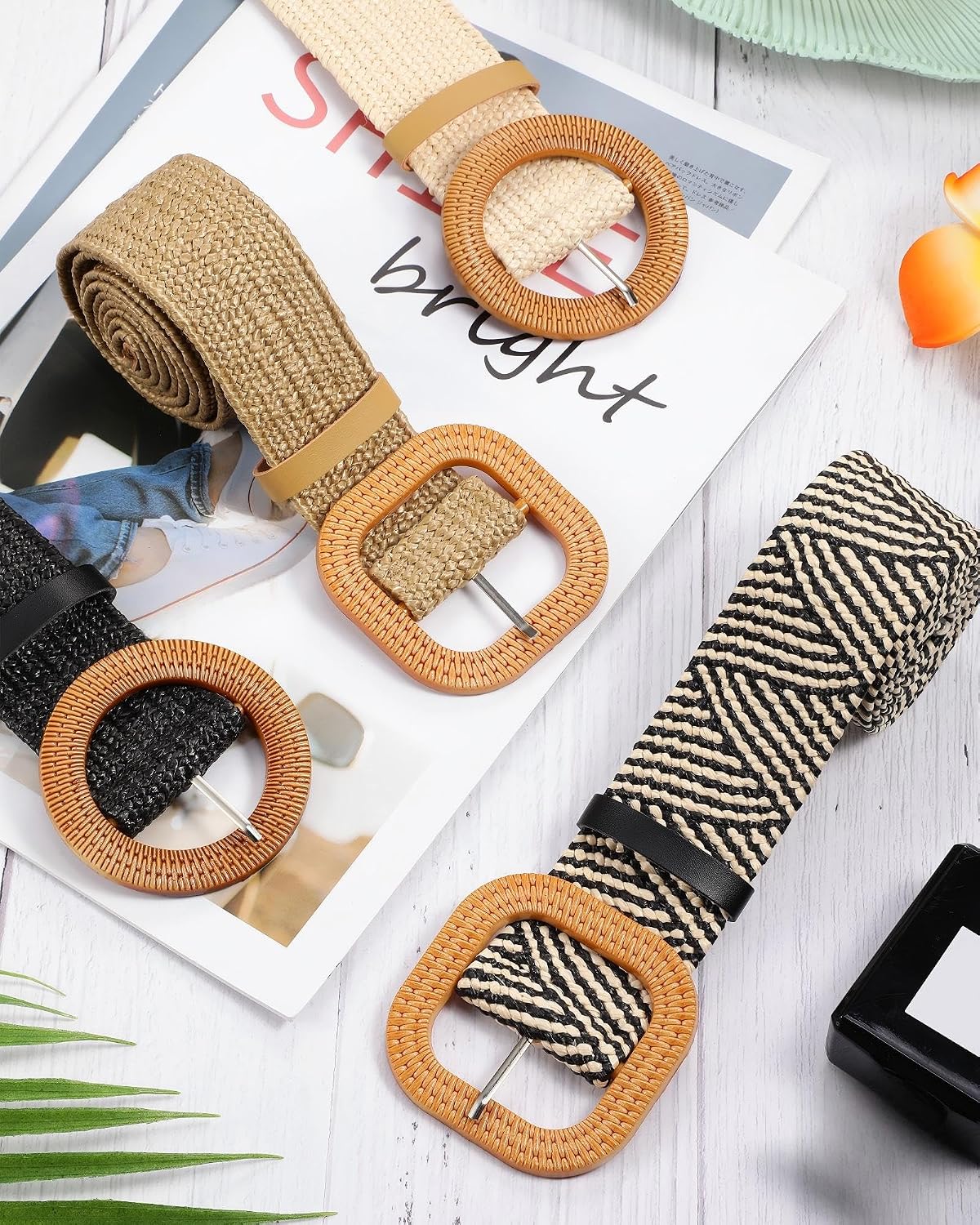 HOTWILLBOND 4 Pcs Women's Elastic Raffia Woven Belt, Boho Rattan Buckle Stretch Straw Wide Waist Belt for Dresses Jeans Pants