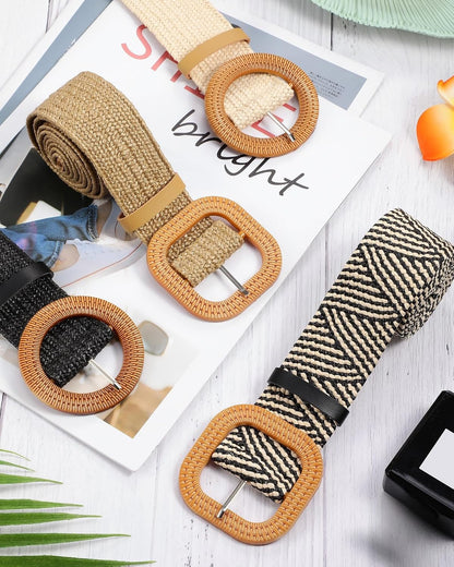 HOTWILLBOND 4 Pcs Women's Elastic Raffia Woven Belt, Boho Rattan Buckle Stretch Straw Wide Waist Belt for Dresses Jeans Pants