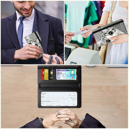 HOTCheckbook Cover for Men Women PU Leather Slim Check Book Holder Covers Wallet Case with Card Slots Duplicate Checks Card Pen Holder with RFID Blocking & Elastic Strap,Cute A Cat