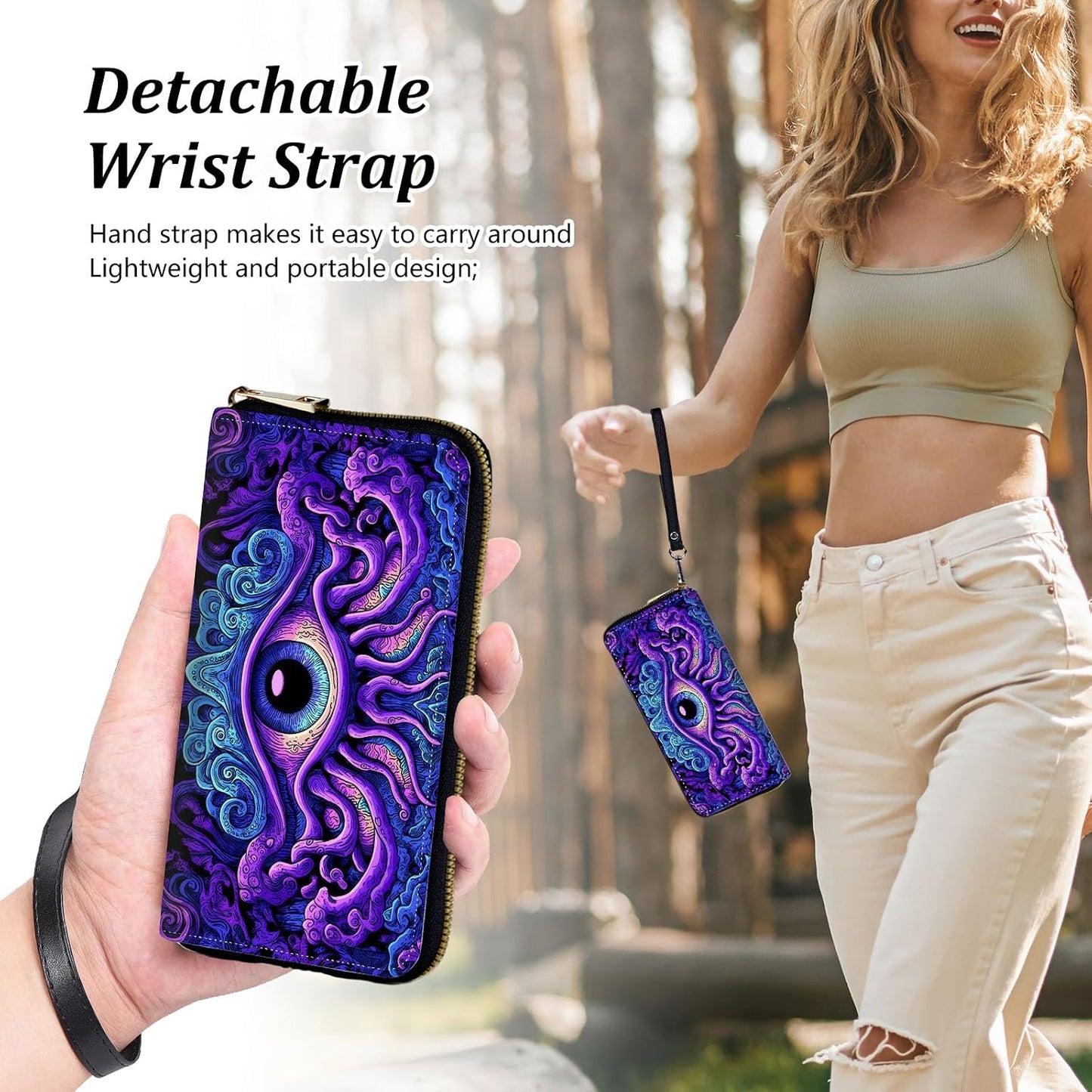 HOTWristlet Wallets for Women,Ladies Women's Wallet,Clutch Purses for Female Leather Large Capacity Credit Card Holder with Zipper Slim Cute Coin Pocket,RFID Blocking,Cute Funny Eye Purple