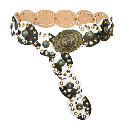 HOTTRIWORKS Western Belts for Women Wide Cowgirl Disc Belt with Turquoise Boho Concho Leather Belt Country Belt for Dress