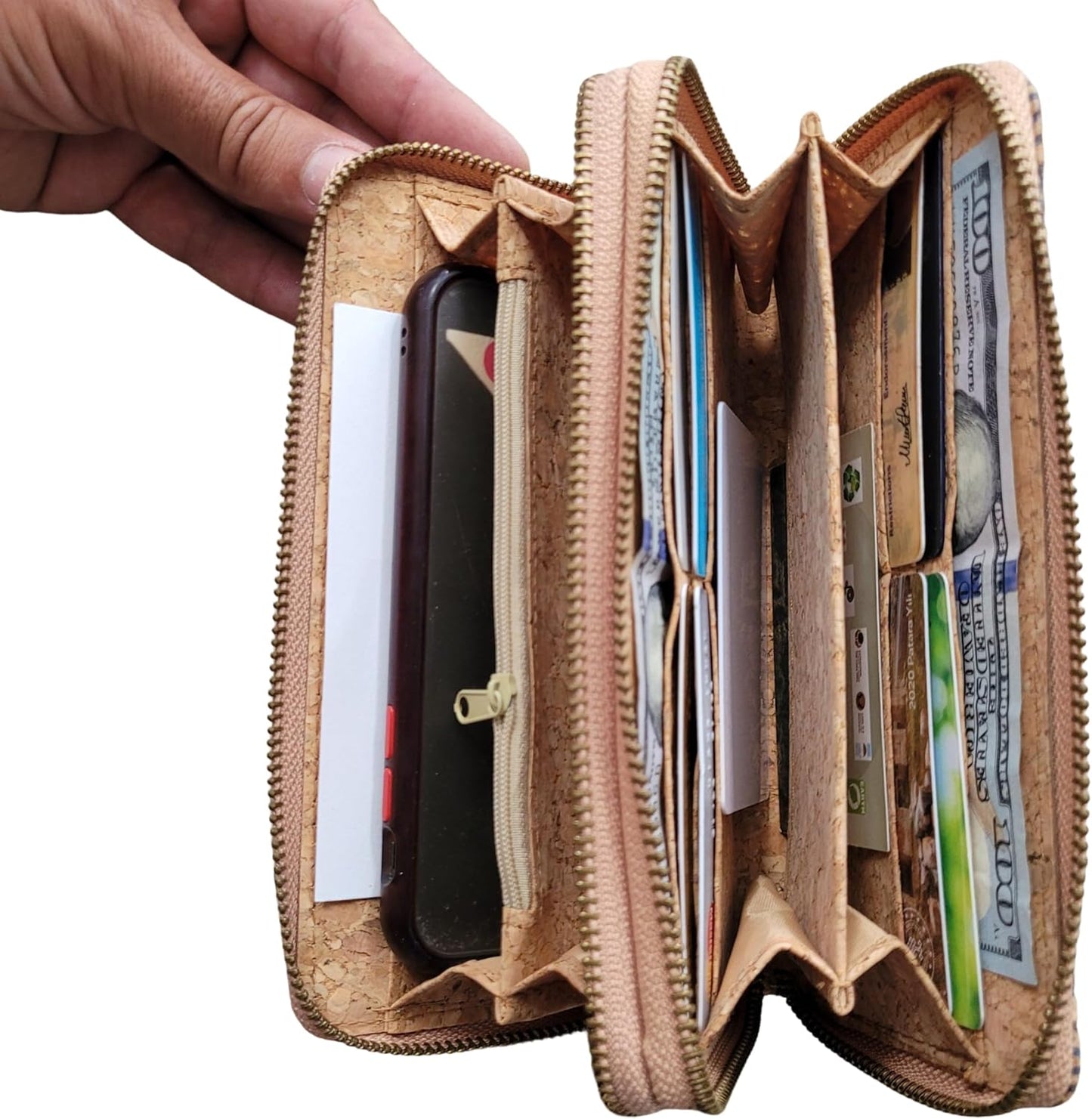 HOTHandmade Cork double zipper wallet, 100% Cork Lightweight durable, natural vegan organic sustainable Eco friendly gift