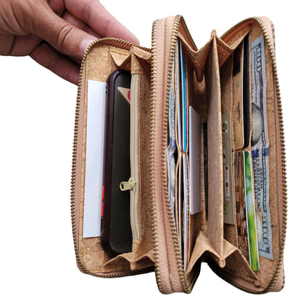 HOTHandmade Cork double zipper wallet, 100% Cork Lightweight durable, natural vegan organic sustainable Eco friendly gift