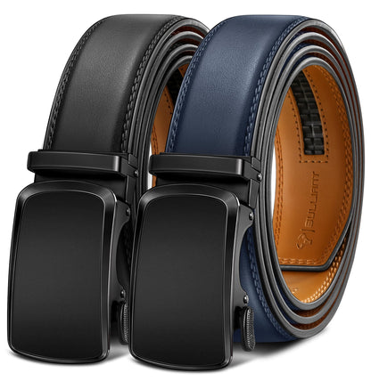HOTBULLIANT Men's Ratchet Leather Belt Trimmable 2Pack 1 3/8"-Gift Boxed | Smooth Sliding | Precise Fit | Tailored Size | Holeless for Dress or Casual