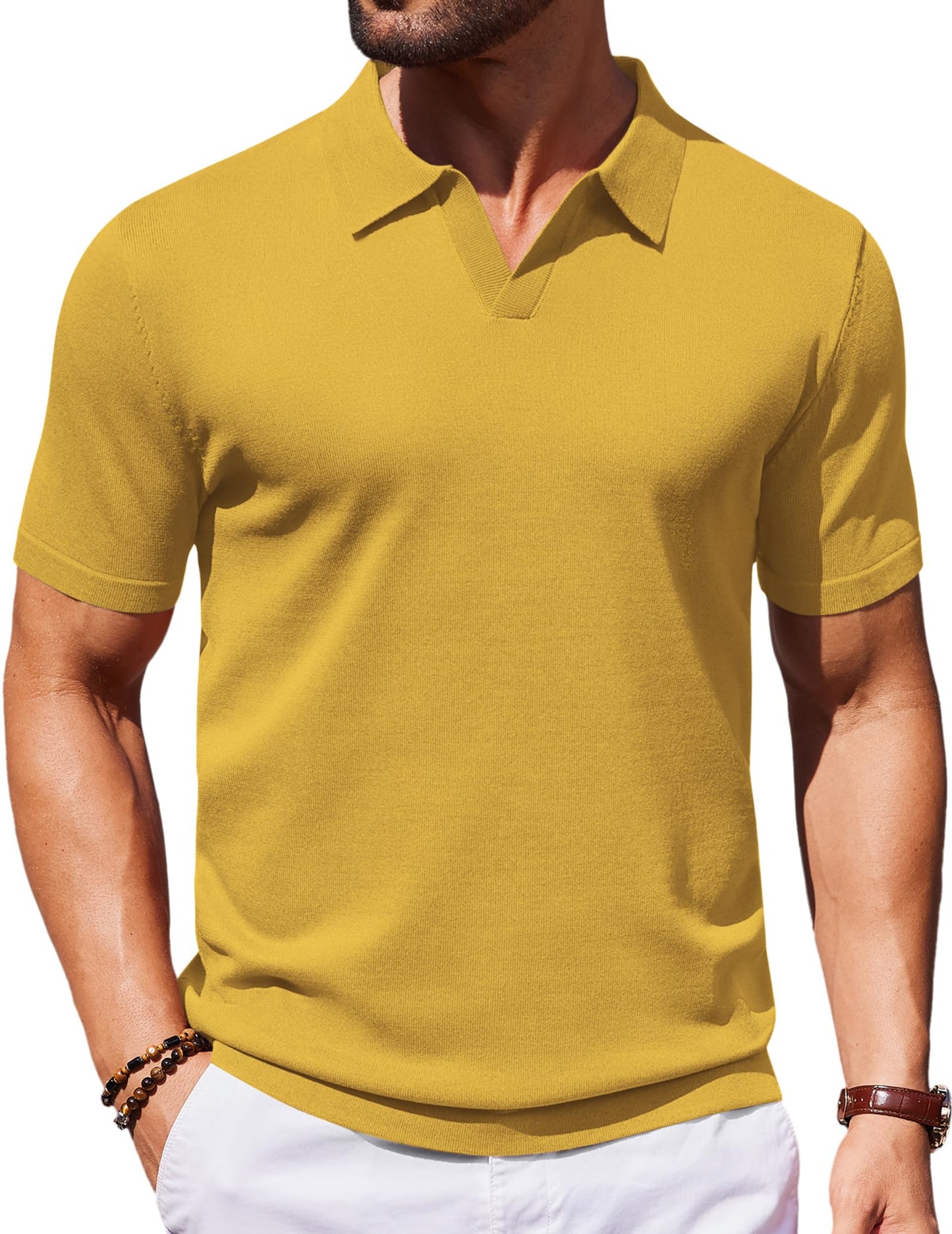 HOTCOOFANDY Men's V Neck Short Sleeve Stretch Knit Polo Shirt