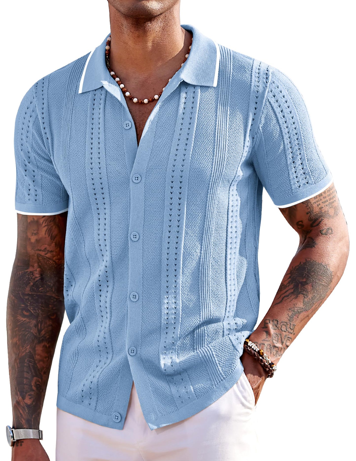 HOTCOOFANDY Men's Knit Shirts Short Sleeve Button Down Polo Shirt Fashion Casual Summer Beach Shirts