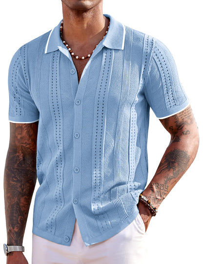 HOTCOOFANDY Men's Knit Shirts Short Sleeve Button Down Polo Shirt Fashion Casual Summer Beach Shirts