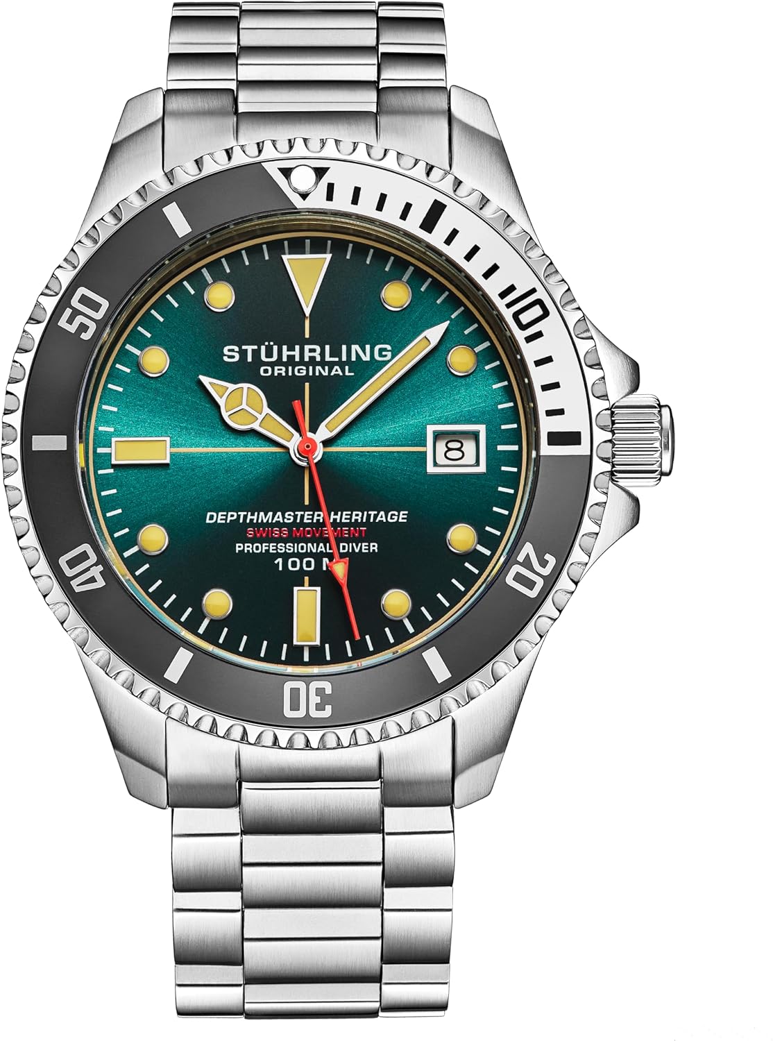 HOTStuhrling Depthmaster Heritage Diver Swiss Quartz Watch, 42mm, Stainless Steel, 100M Water Resistant
