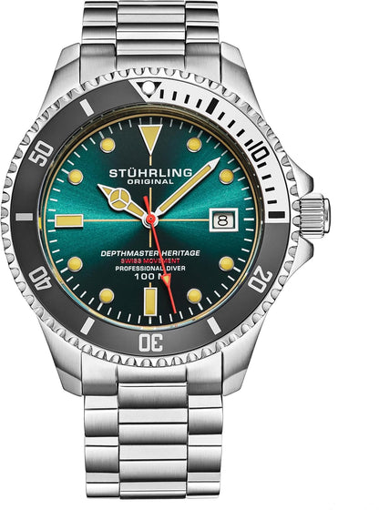 HOTStuhrling Depthmaster Heritage Diver Swiss Quartz Watch, 42mm, Stainless Steel, 100M Water Resistant