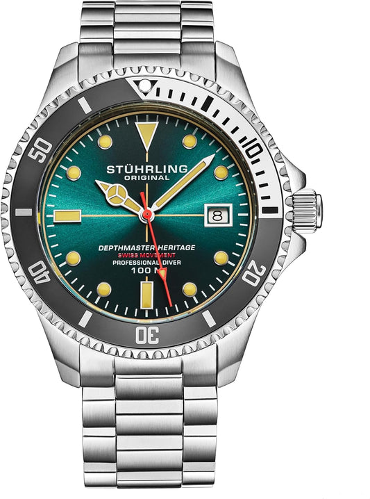 HOTStuhrling Depthmaster Heritage Diver Swiss Quartz Watch, 42mm, Stainless Steel, 100M Water Resistant