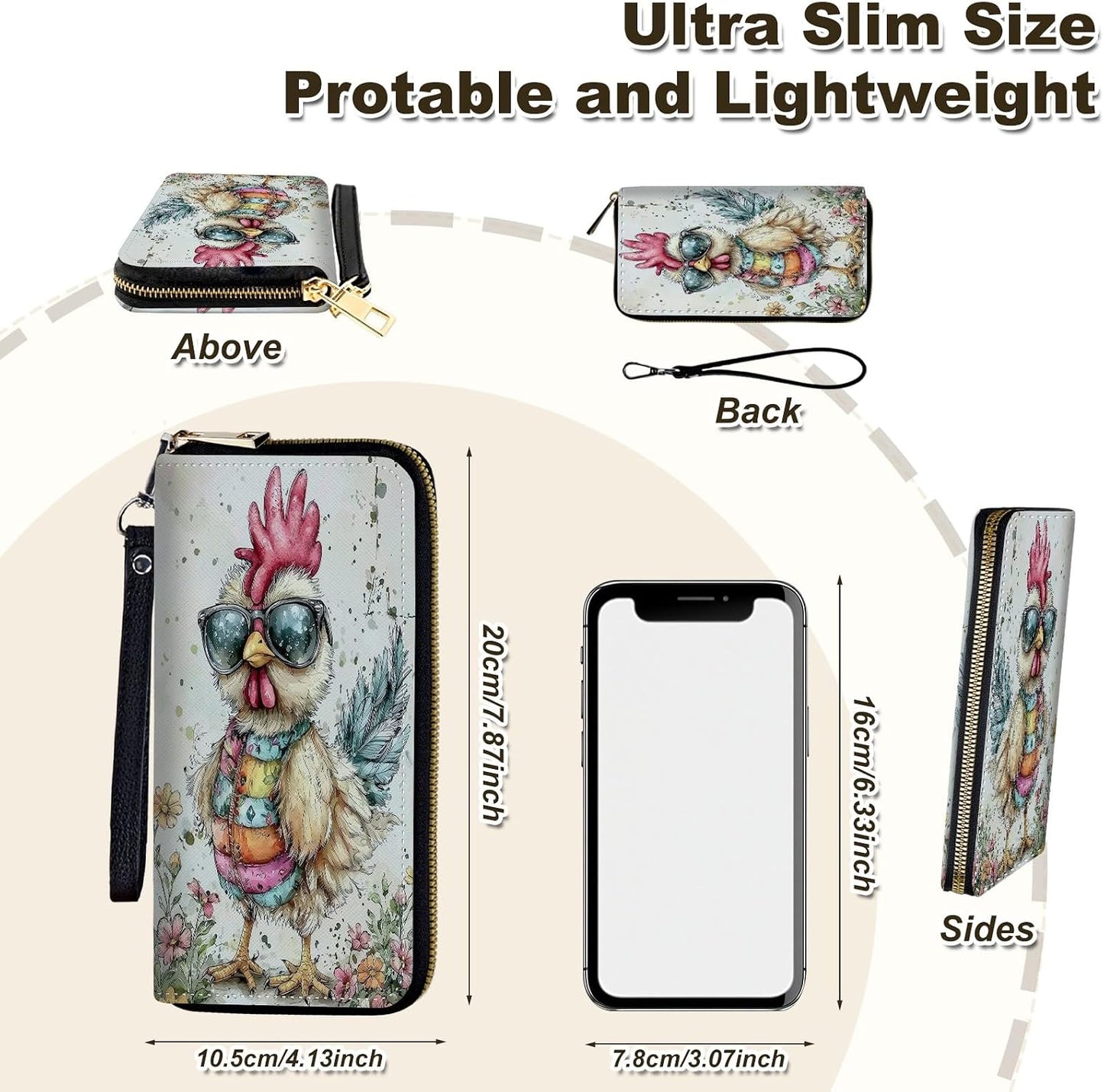 HOTWomen's Wallet Leather Credit Card Holder with RFID Blocking Cool Rooster Clutch Travel Purse Large Capacity with Zip and Wristlet