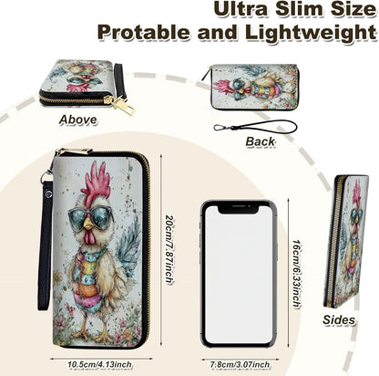 HOTWomen's Wallet Leather Credit Card Holder with RFID Blocking Cool Rooster Clutch Travel Purse Large Capacity with Zip and Wristlet