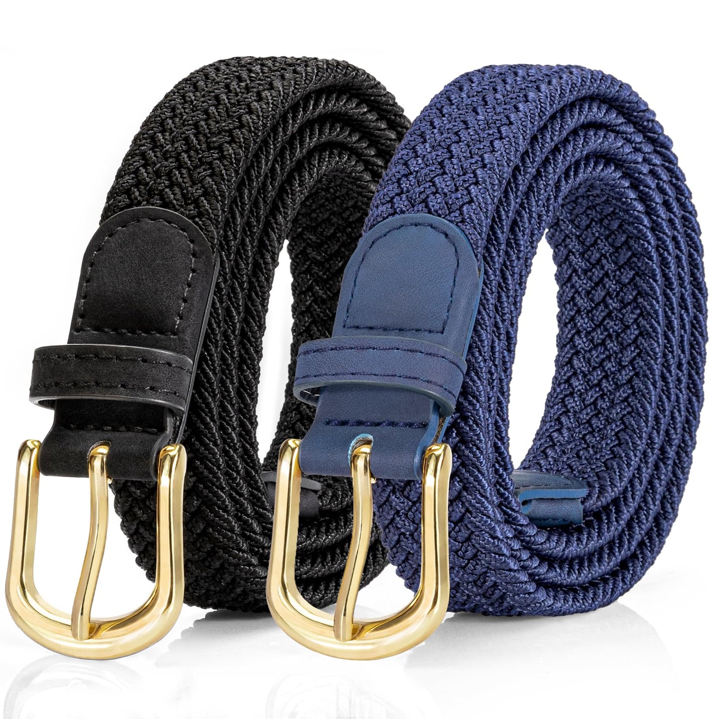 HOT2 Pack Braided Belt for Women, Elastic Woven Stretch Fabric Cloth Belt with Gold Buckle
