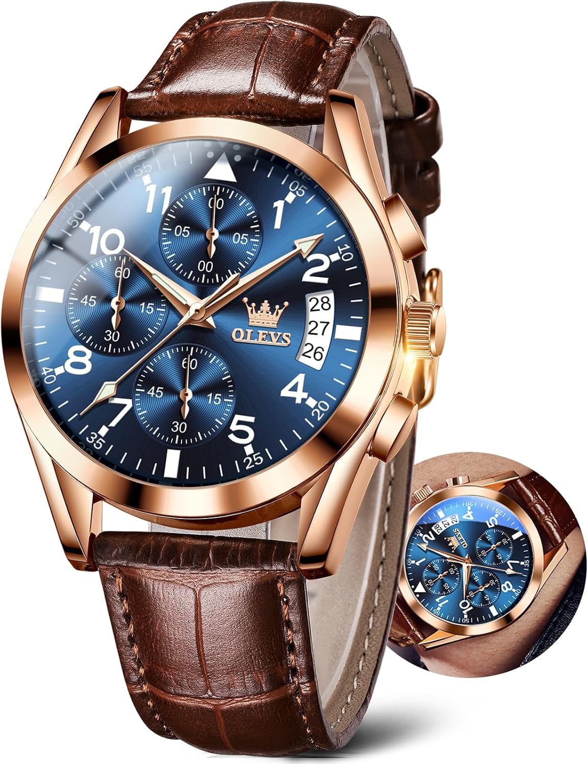 HOTOLEVS Men's Watches Brown Leather with Date,Casual Watches for Men,Large Face Watches Men,Chronograph Mens Watch,Sport Waterproof Business Dress Analog Quartz Men's Wrist Watches Reloj De Hombre