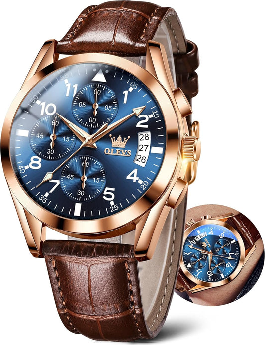 HOTOLEVS Men's Watches Brown Leather with Date,Casual Watches for Men,Large Face Watches Men,Chronograph Mens Watch,Sport Waterproof Business Dress Analog Quartz Men's Wrist Watches Reloj De Hombre
