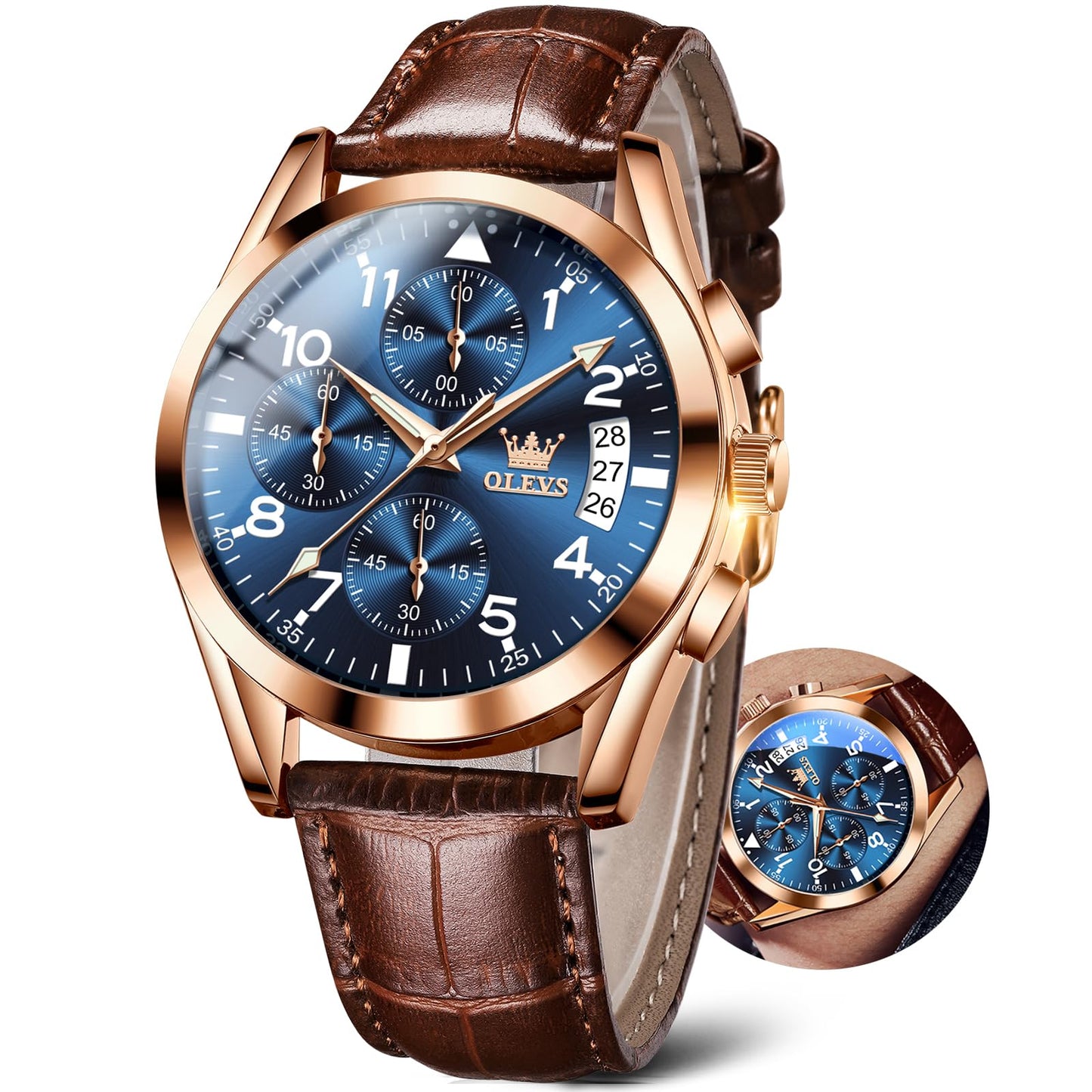HOTOLEVS Men's Watches Brown Leather with Date,Casual Watches for Men,Large Face Watches Men,Chronograph Mens Watch,Sport Waterproof Business Dress Analog Quartz Men's Wrist Watches Reloj De Hombre