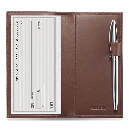 HOTHISCOW Leather Checkbook Cover for Duplicate Checks with Pen Holder | Full grain cowhide, personal check book & register pockets, removable vinyl divider, durable stitching, gifts for women men