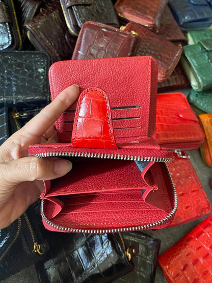 HOTGenuine Alligator Leather Minimalist Wallets Credit Card Holder for women's (Red)