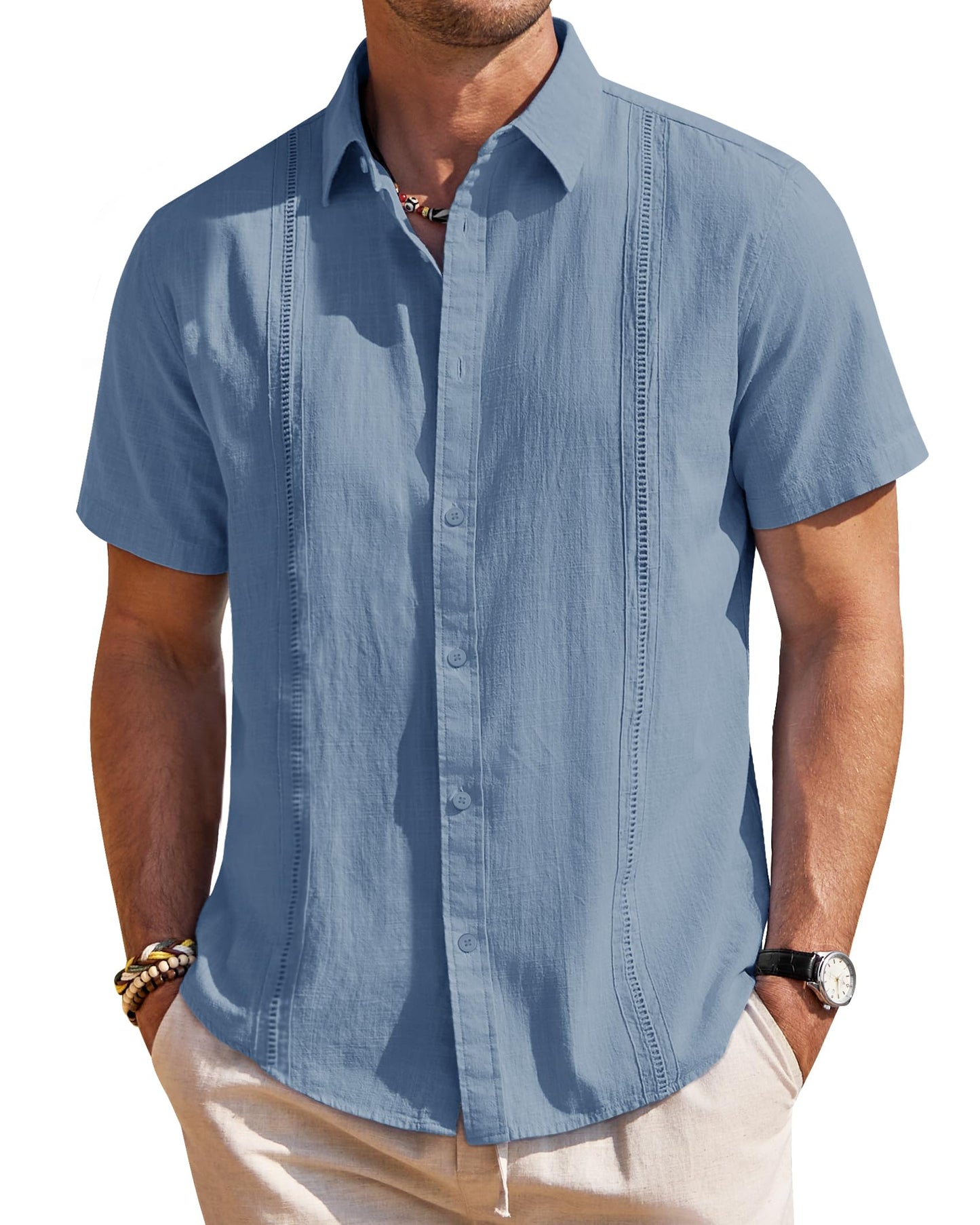 HOTMens Linen Textured Shirt Short Sleeve Button Down Cuban Guayabera Shirt | 100% Cotton, Casual Wear, Lightweight Breathable, Summer Beach, Untucked, Relaxed Fit, Vacation, Cruise, Camp, Collared