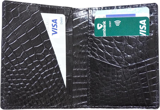 HOTBlack Alligator Leather Business Card Holder Men Minimalist Crocodile Bifold Front Pocket Card Wallet Double Side Travel ID Case Handmade Card Case