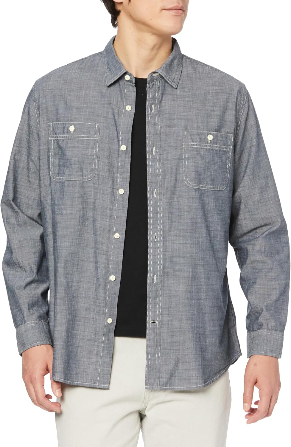 HOTAmazon Essentials Men's Regular-Fit Long-Sleeve Lightweight Cotton Chambray Shirt with Pockets