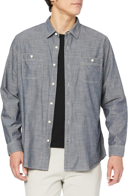 HOTAmazon Essentials Men's Regular-Fit Long-Sleeve Lightweight Cotton Chambray Shirt with Pockets