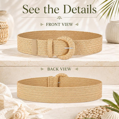 HOTStraw Belts for Women Stretchy Woven Belt with Oval Buckle Elastic Belt for Dress Boho Waist Belt