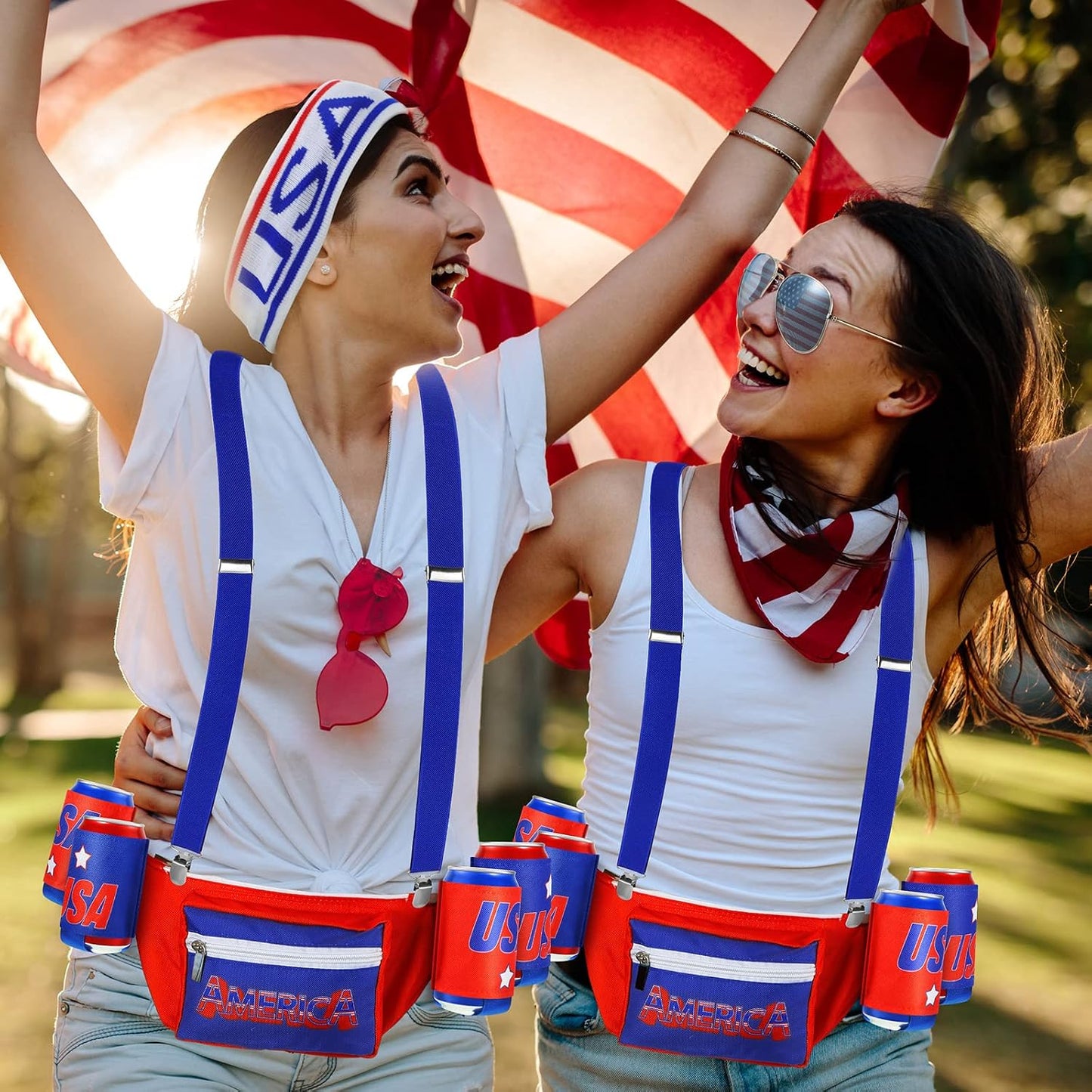 HOTSweetude 4th of July Fanny Pack America Flag Patriotic Outfit Set 250 Years Beverage Beer Belt Costume Set Accessories with USA Drink Holder Sunglasses Striped Sweatband