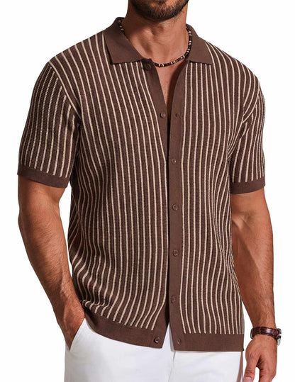 HOTCOOFANDY Mens Knit Button Down Shirts Short Sleeve Polo Shirt Vintage Striped Casual Shirts