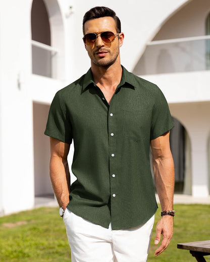 HOTAlimens & Gentle Mens Linen Shirts Short Sleeve Button Down Shirts Wrinkle Free Casual Vacation Beach Summer Tops