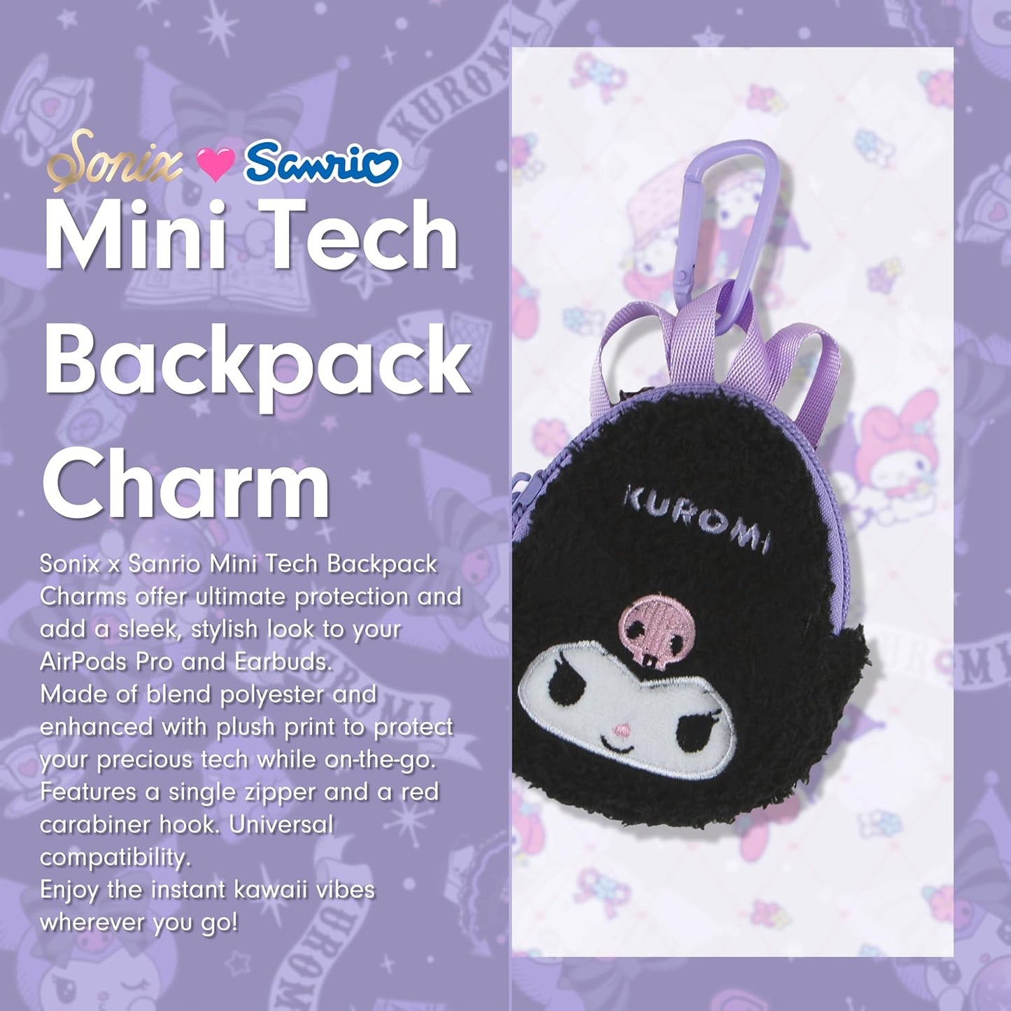HOTSonix x Sanrio Mini Backpack Charm | Tech Keychain Pouch, Fuzzy Plush Character Coin Purse for Small Accessories, Earbuds | Kuromi